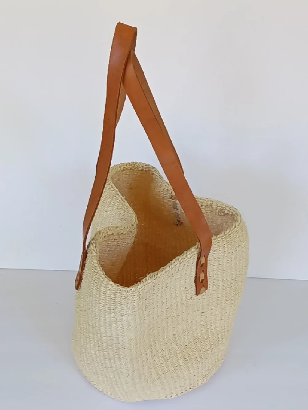 Handwoven Sisal Kenyan Kiondo Market Basket Bag Leather Handles